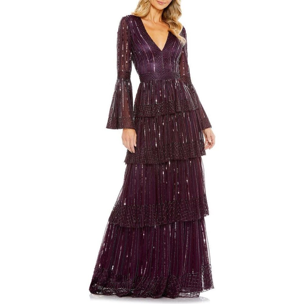 NWT MAC DUGGAL EMBELLISHED BELL SLEEVE TIERED GOWN SIZE US8 $698